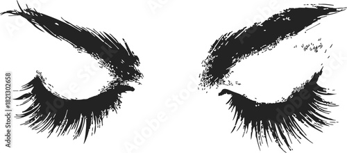 Closed eyes sketch, hand drawn style with bold eyelashes and textured eyebrows. Vector illustration