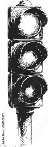 Traffic light sketch, hand drawn vector, isolated vertical signal with three lights. Vector illustration