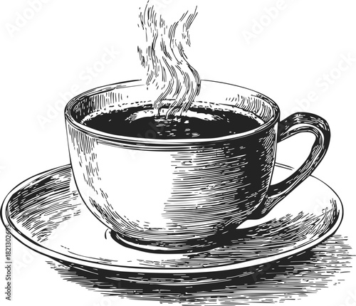 Coffee cup sketch hand drawn with saucer and steam rising. Vector illustration