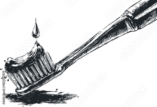 Toothbrush sketch hand drawn with toothpaste and droplet detail. Vector illustration