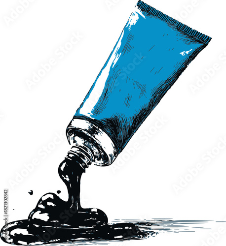 Paint tube sketch hand drawn style with blue body and black paint spilling out. Vector illustration