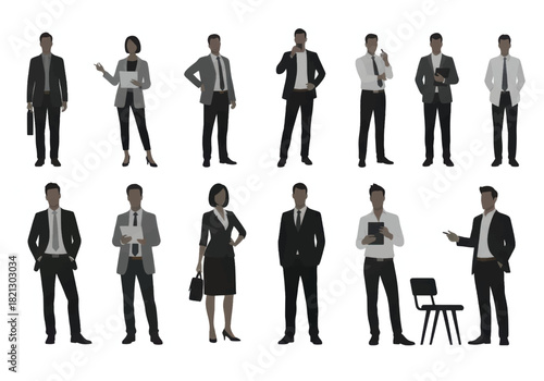 Set of twelve flat vector illustrations featuring businessmen and businesswomen standing in different corporate poses