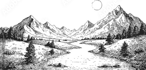Mountain landscape sketch, hand drawn river valley with pine trees and distant peaks. Vector illustration