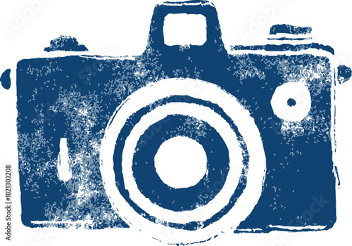 Camera sketch hand drawn grunge style with textured blue brush effect. Vector illustration