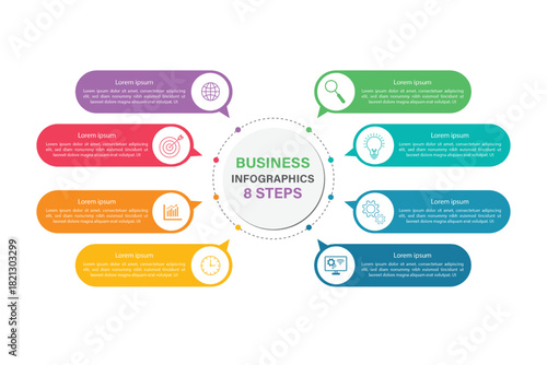 Editable business infographic template design with 8 steps. Infographic template which can be used for presentations banners, workflow layout, annual report, web design.	