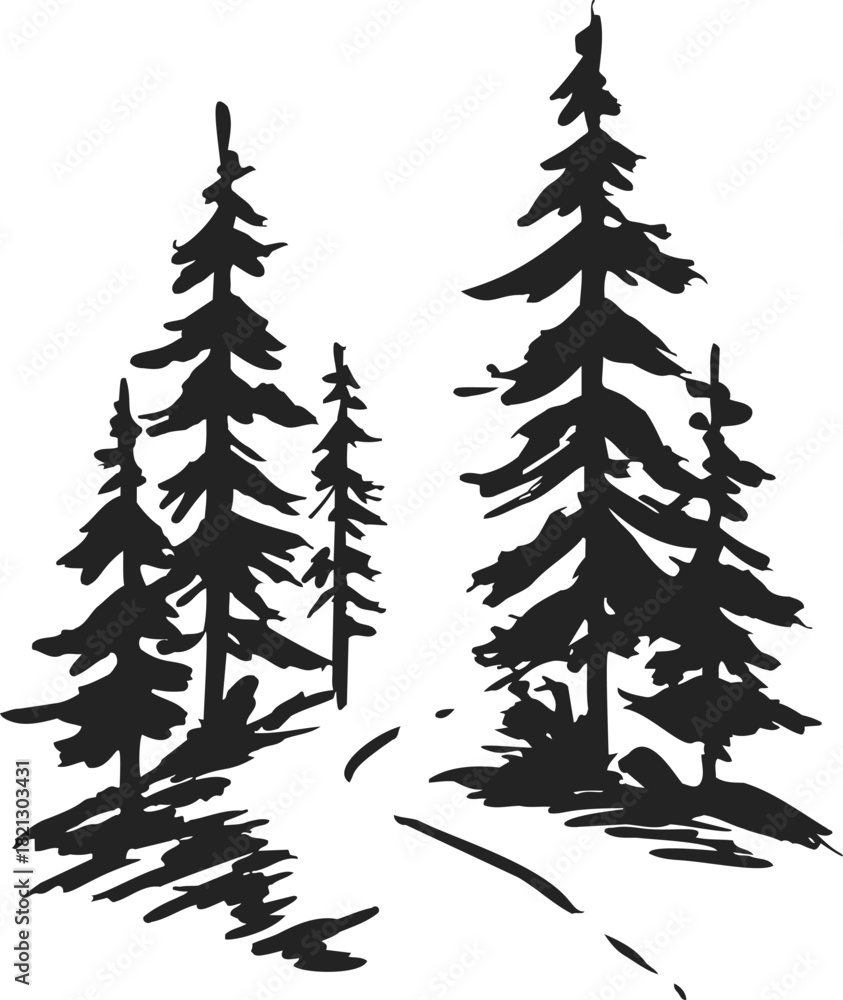 Obraz premium Pine tree silhouette sketch, hand drawn conifer forest with winding path. Vector illustration