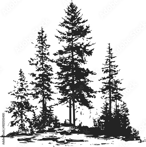 Pine trees sketch hand drawn silhouette forest group on rocky ground. Vector illustration