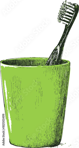 Toothbrush sketch in green cup, hand drawn style, bathroom hygiene scene. Vector illustration