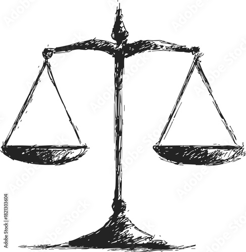 Balance scale sketch, hand drawn vector, classic justice symbol with uneven pans. Vector illustration