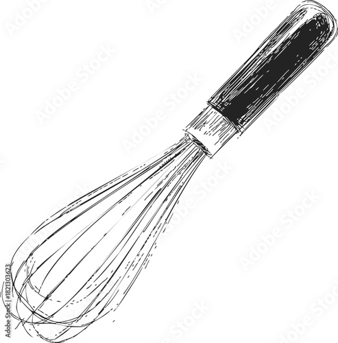 Whisk hand drawn sketch kitchen utensil with wire loops and handle. Vector illustration