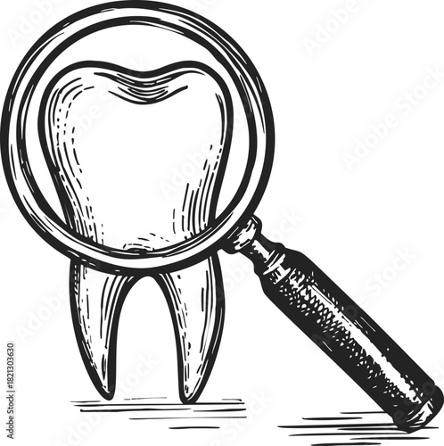 Tooth sketch with magnifying glass, hand drawn dental examination concept. Vector illustration