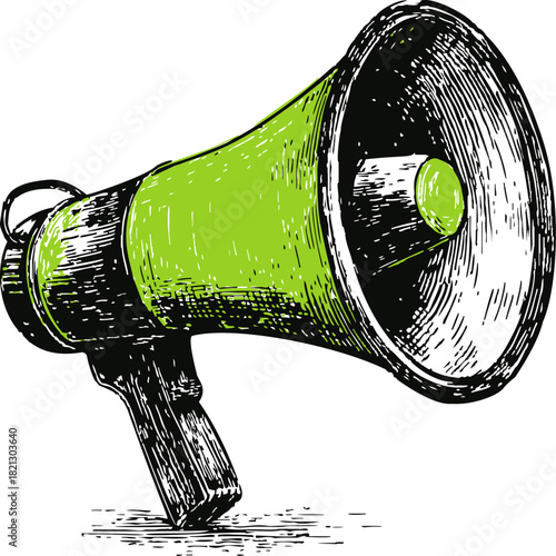 Megaphone sketch hand drawn style with green body and detailed shading. Vector illustration