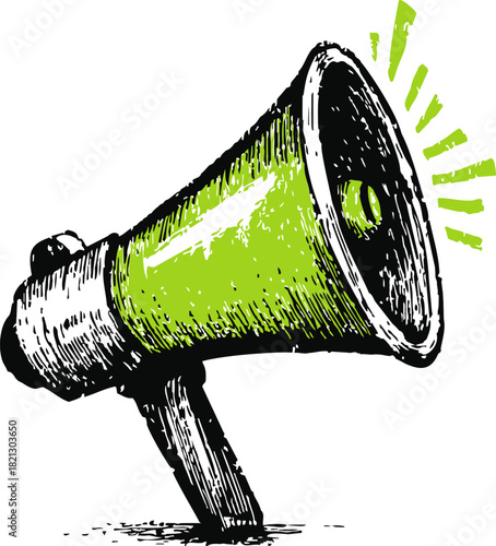 Megaphone sketch hand drawn style with green accent and sound lines. Vector illustration