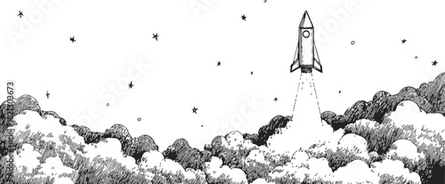 Rocket launch sketch, hand drawn vector with clouds and stars in night sky. Vector illustration