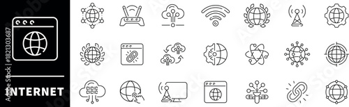 Internet vector icons. Internet thin line icon set. Web browser related icons. Outline icons related to network, internet.