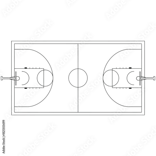 Basketball court outline top down view of sporting arena lines and markings