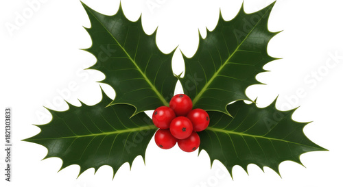 Christmas holly leaves and red berries isolated on transparent background
