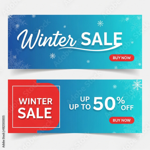 Modern Winter Sale Banners Set with Discount Offer and Snowflakes