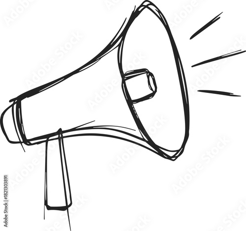 Megaphone sketch, hand drawn retro loudspeaker with sound lines. Vector illustration