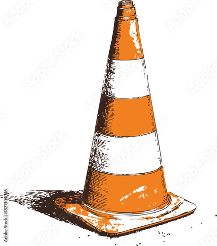 Traffic cone, hand drawn sketch with orange and white reflective stripes. Vector illustration
