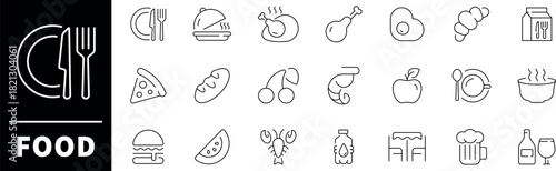 Food vector icons. Food thin line icon set. Nutrition related icons. Hamburger, pizza, meat, coffee. egg, lunch, meal, food