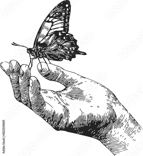 Hand holding butterfly sketch, hand drawn style, detailed monochrome line art. Vector illustration