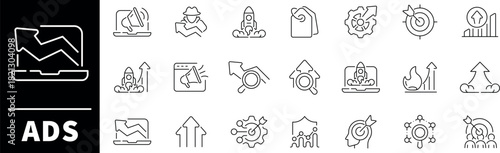 ADS vector icons. Advertising thin line icon set.  Advertisement, marketing, ads, promotion
