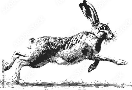 Hare sketch hand drawn leaping across ground in dynamic running pose. Vector illustration
