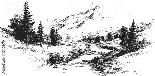 Mountain landscape sketch, hand drawn river valley with pine trees and distant peaks. Vector illustration