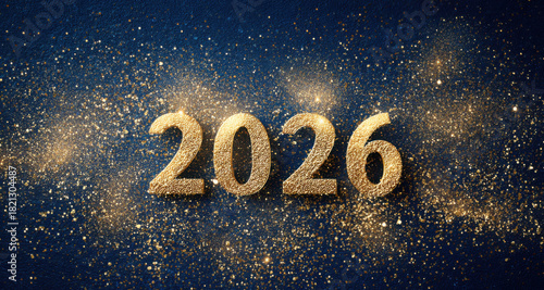 Golden glittering numbers 2026 on a deep blue background, surrounded by sparkling dust, creating a festive atmosphere for New Year celebrations and future aspirations