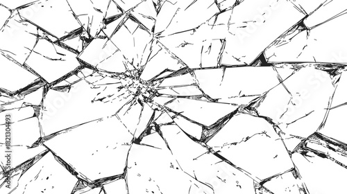 Broken glass sketch, hand drawn style with detailed cracks and shattered fragments. Vector illustration