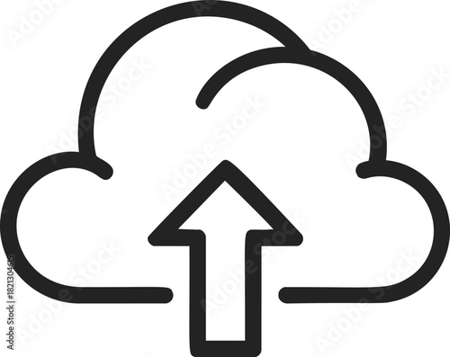 Cloud upload icon, sketch style, hand drawn arrow pointing upward. Vector illustration