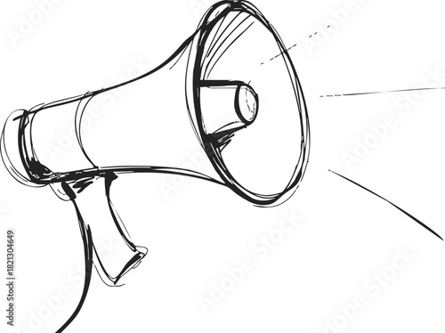 Megaphone sketch hand drawn vector, dynamic lines and sound projection. Vector illustration