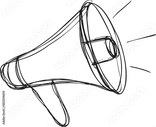Megaphone sketch, hand drawn retro loudspeaker with sound lines. Vector illustration