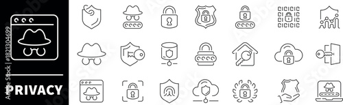 Privacy thin line icon collection. Privacy vector icons. Security icon set. Secured, encryption, safety, insurance, data protection, detector, sensor, locked, password, cybersecurity, privacy icons