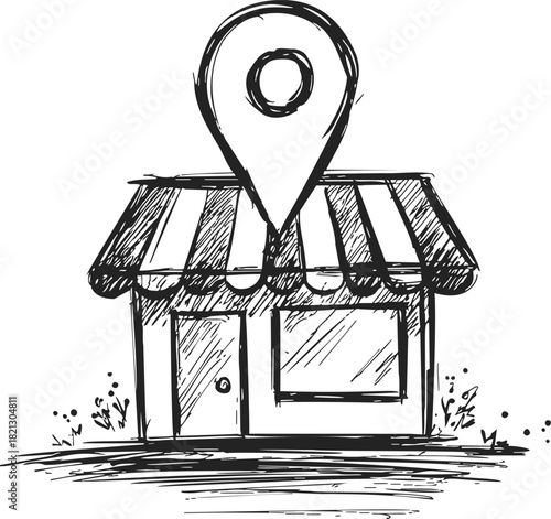 Store locator hand drawn sketch with map pin above storefront. Vector illustration