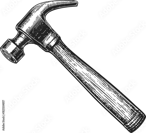 Claw hammer sketch hand drawn with detailed wooden handle and metal head. Vector illustration