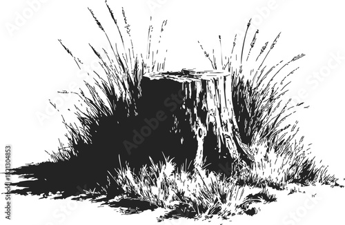 Tree stump sketch, hand drawn vector with wild grass and natural ground. Vector illustration