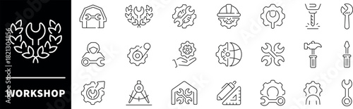Workshop vector icons. Workshop thin line icons collection. Team building, collaboration, teamwork, coaching, problem-solving and education icons.