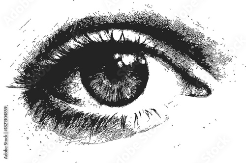 Eye sketch hand drawn detailed iris and eyelashes in black and white. Vector illustration