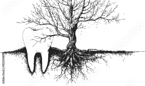 Tooth and tree sketch, hand drawn style, tooth beside leafless tree with exposed roots. Vector illustration