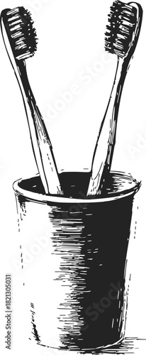 Toothbrushes, hand drawn sketch, two brushes in cup. Vector illustration