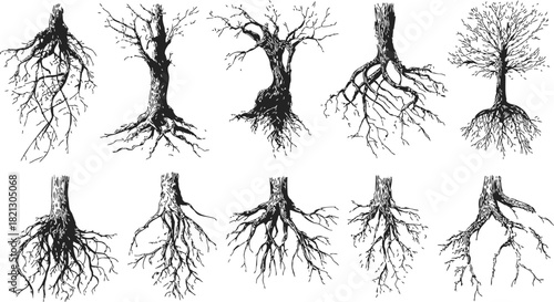Tree roots sketch, hand drawn vector set of various tree trunks and root systems. Vector illustration
