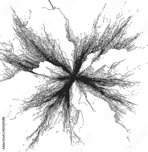 Crack pattern sketch, hand drawn abstract radial fracture lines. Vector illustration