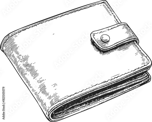 Wallet sketch hand drawn style with clasp and textured leather details. Vector illustration