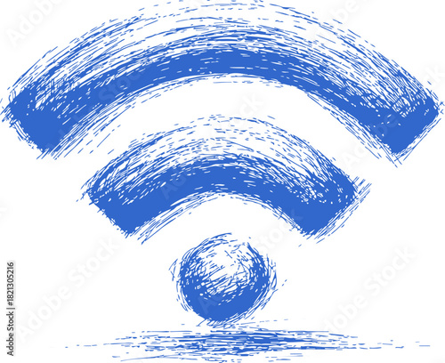 Wifi symbol sketch hand drawn blue grunge style isolated on white. Vector illustration