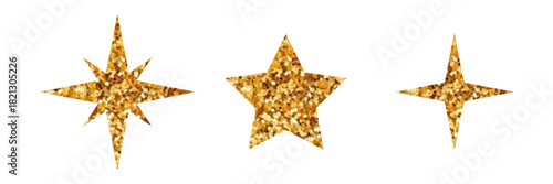 Glitter stars symbols  isolated on white. Set gold star icons. Shiny elements for postcard, holiday design, cover or  invitation.