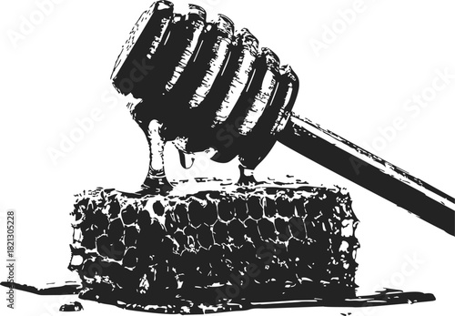 Honey dipper sketch with dripping honey over honeycomb, hand drawn style. Vector illustration