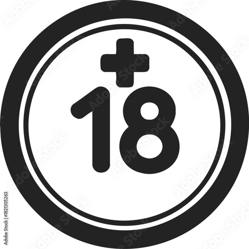 Eighteen plus symbol sketch, hand drawn age restriction sign in black circle. Vector illustration
