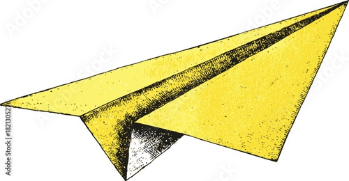 Yellow paper airplane sketch, hand drawn style with textured shading. Vector illustration
